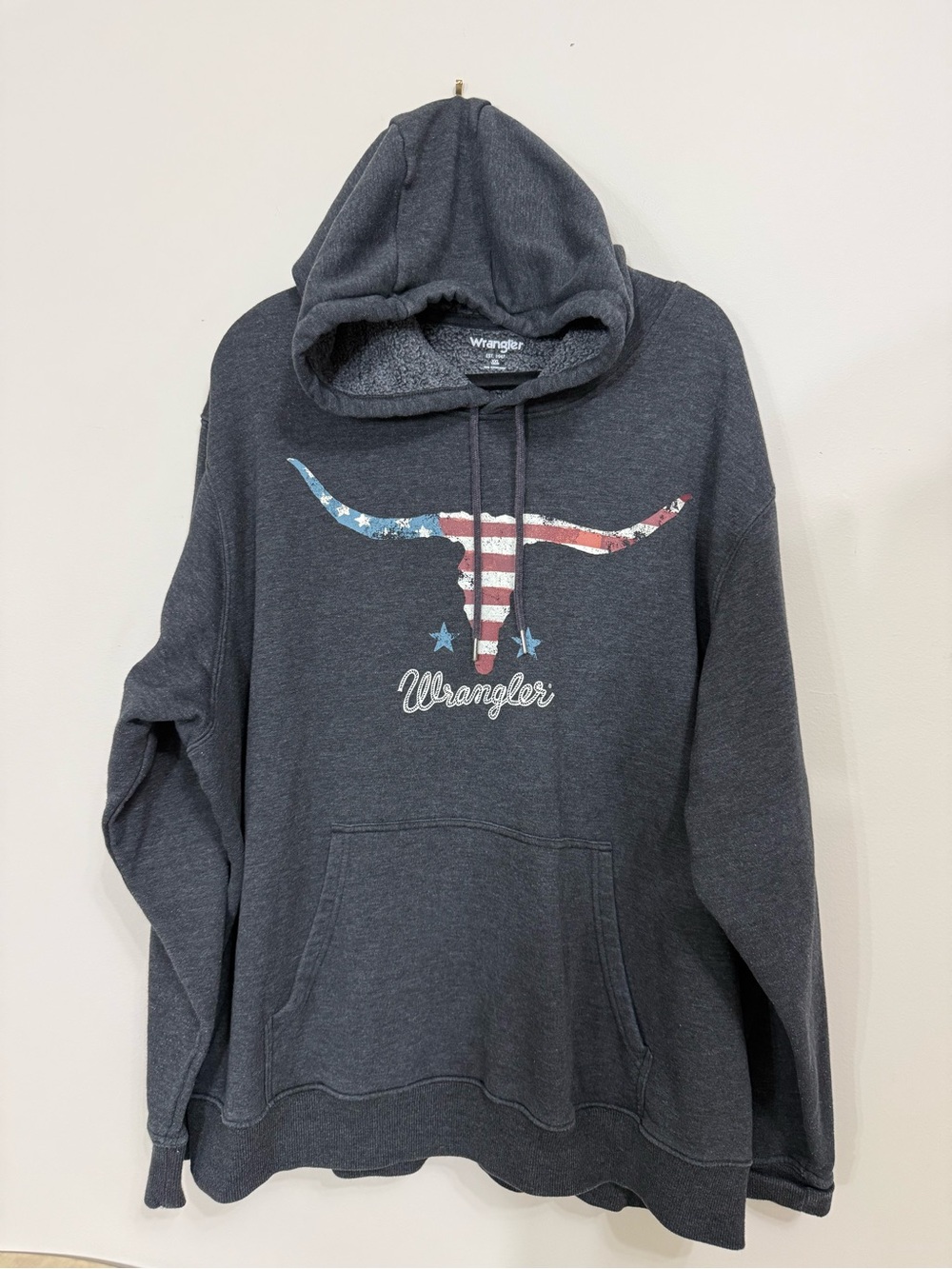 Wrangler Mens XXL Hoodie Gray Longhorn American Flag Graphic Pullover Sweatshirt